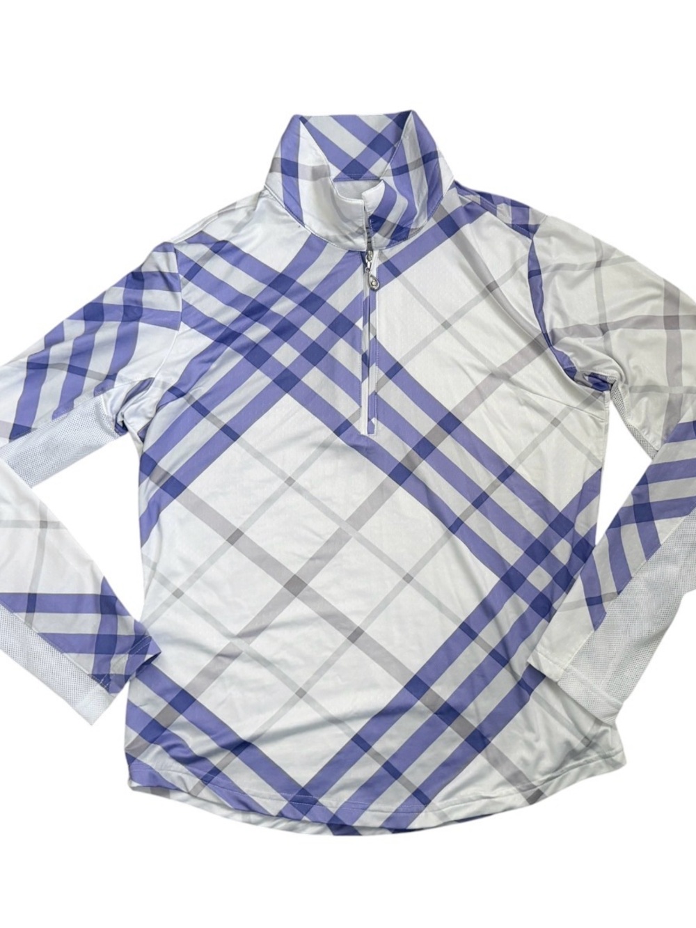 San Solei Long Sleeve Quarter-Zip Top in White and Puple Plaid